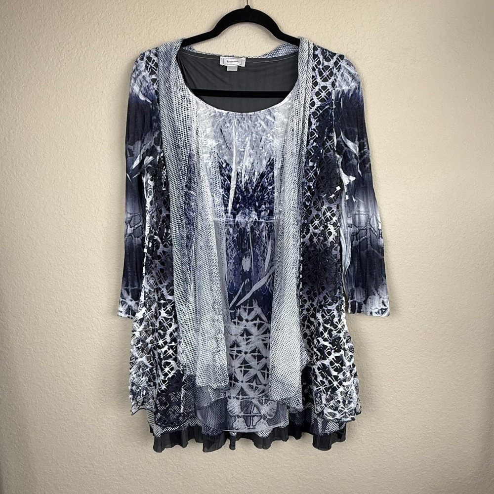 Kamana Black Blue & White Layered Mesh Tunic Lagenlook Art to Wear Eclectic Sz S